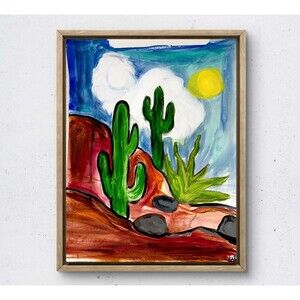WS original cactus desert painting 14X11 gallery paper abstract modern wall art